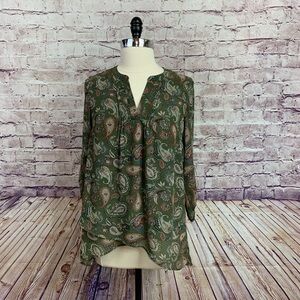 DR2 Green Paisley Print Semi Sheer Roll Tab Sleeve Blouse